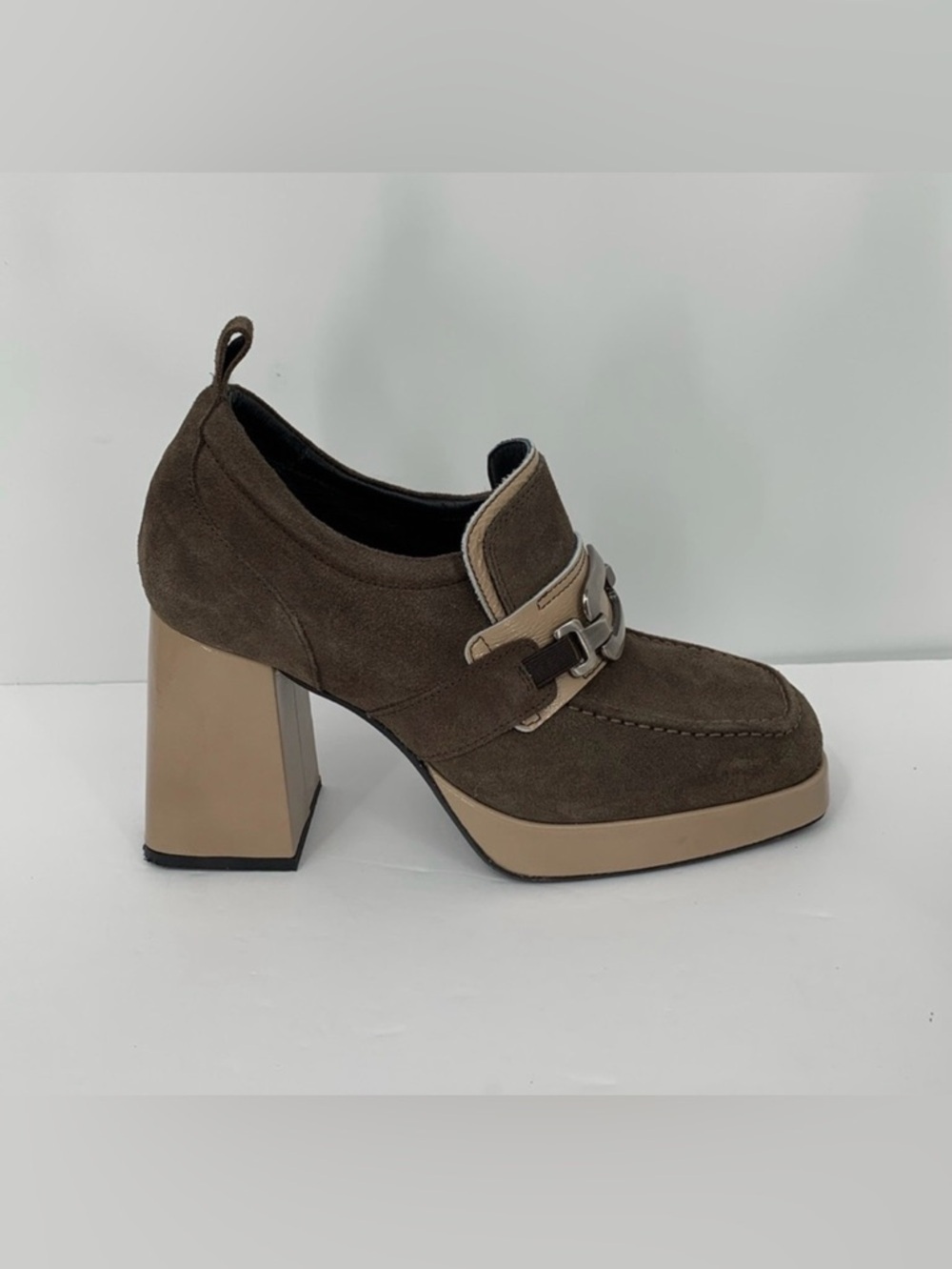 Casta Josh chunky platform loafers brown suede tan patent shoe pewter oval 40 9